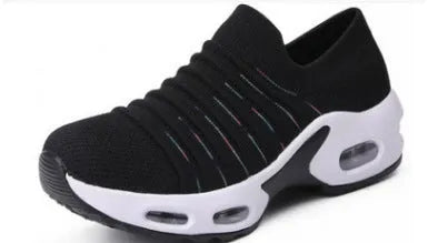 Women's stretch knitted socks shoes with mesh upper in dark blue colour showing round toe shape
