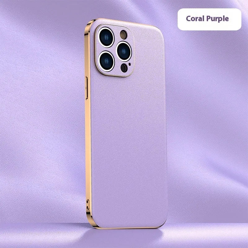 Genuine leather iPhone case with Napa texture, anti-fall and anti-fingerprint, in black, light blue, dark green, light purple and orange.