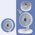Blue foldable USB charging fan with LED light showing desk and wall mounting options