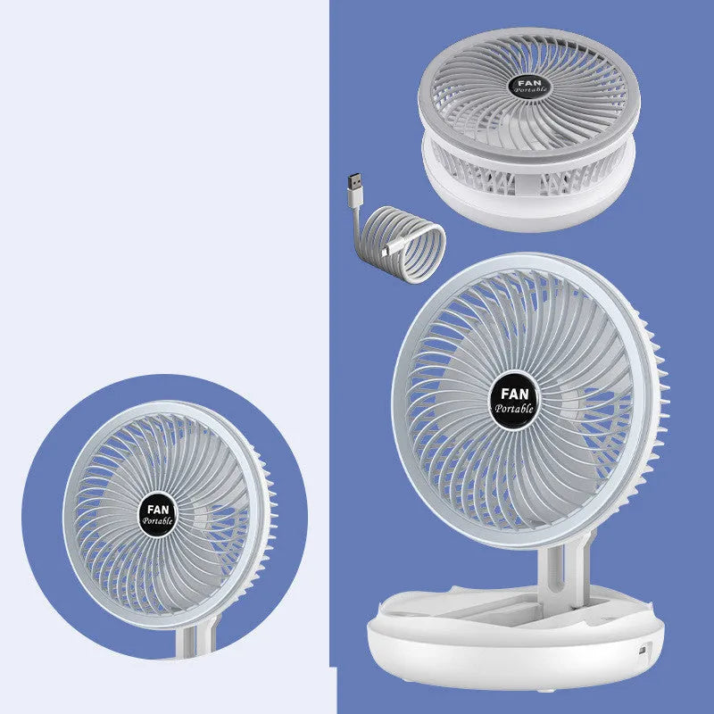 Blue foldable USB charging fan with LED light showing desk and wall mounting options