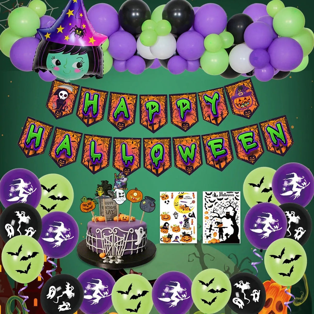 Halloween decoration balloon set with skull and pumpkin shapes in white and black colours including spider balloon arch