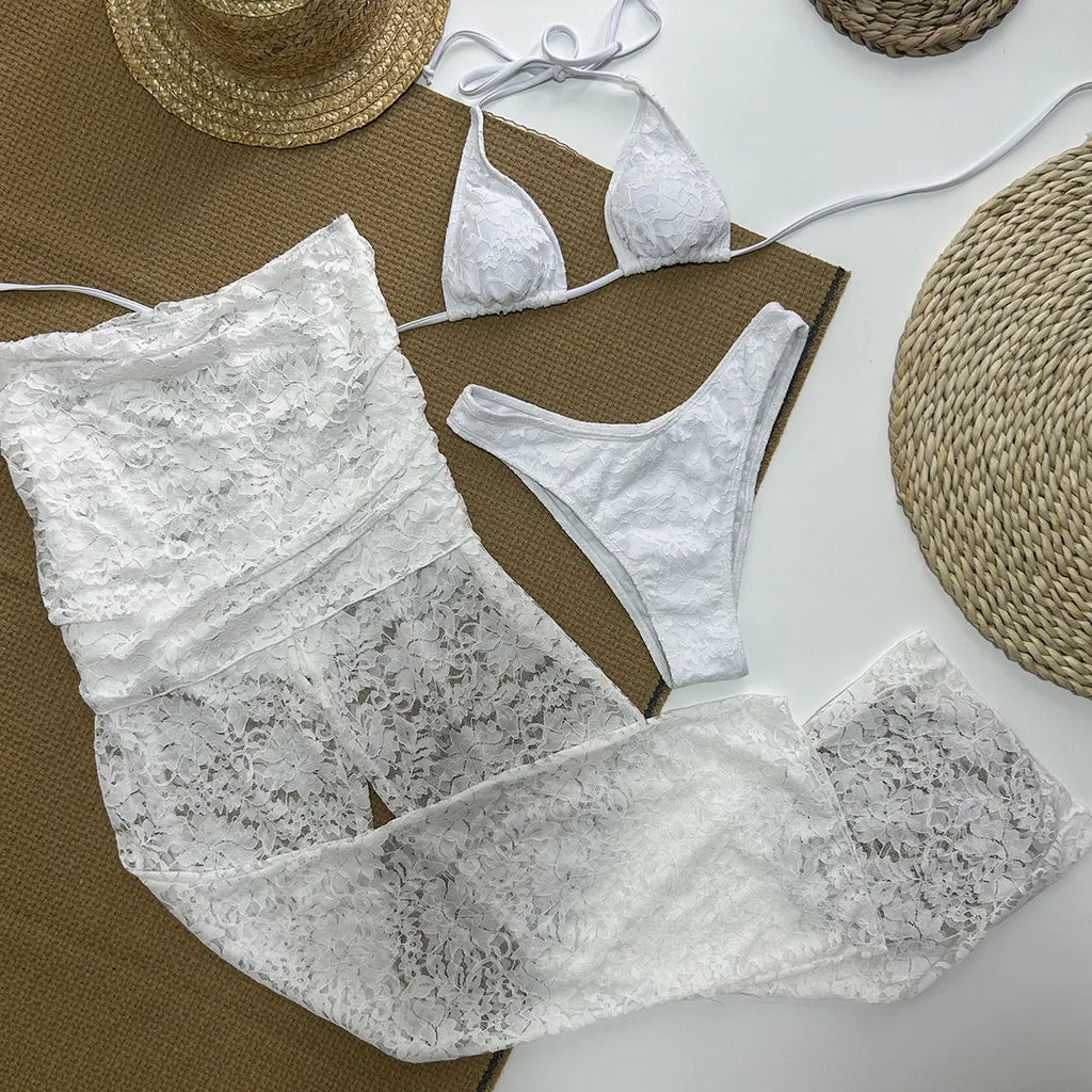 Lace three-piece ladies swimsuit set in solid colour C3664 White