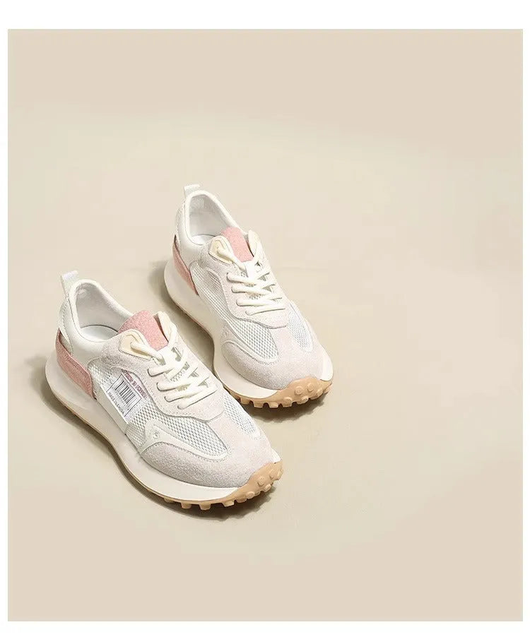 Women's grey and pink low-top retro sneakers with mesh lining and rubber sole