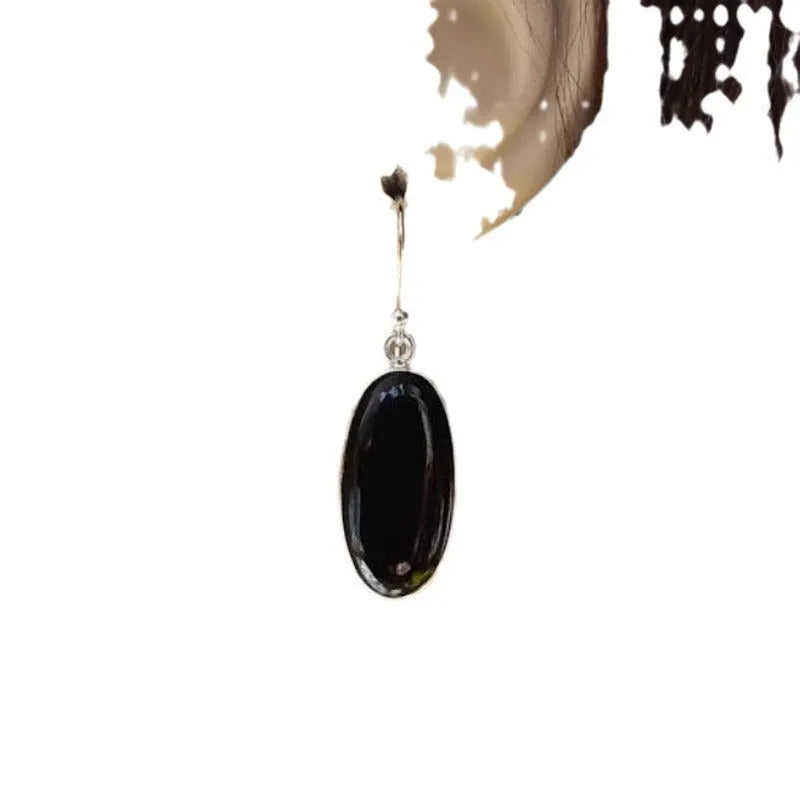 925 silver women's earrings with oval black agate pendants in geometric Chinese style design