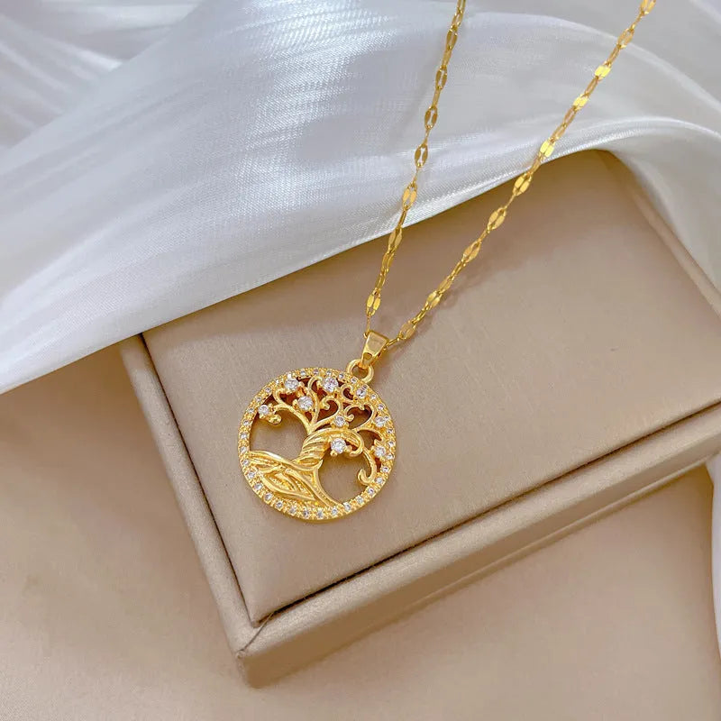 Gold-plated necklace with mother-of-pearl lucky tree pendant and adjustable stainless steel chain