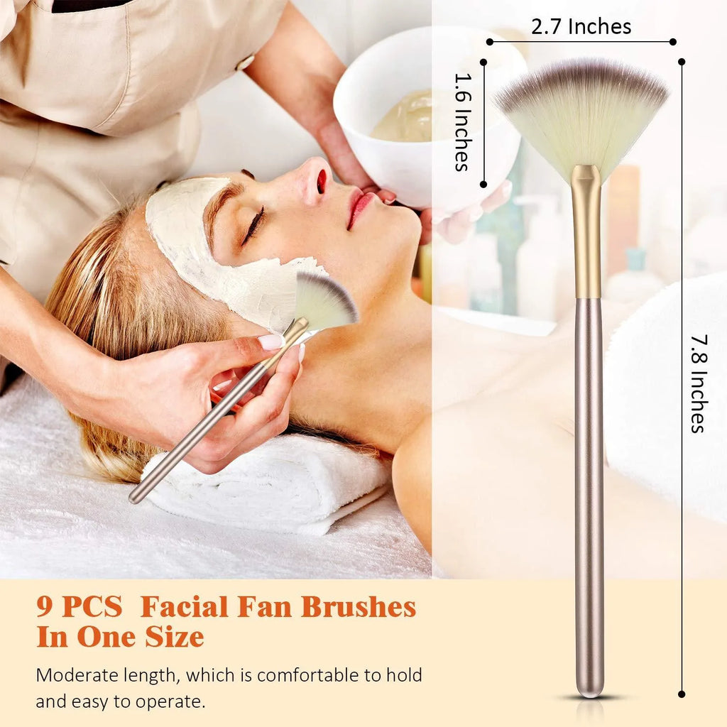 Set of 10 champagne-coloured wooden handle fan brushes with soft fibres and protective covers.