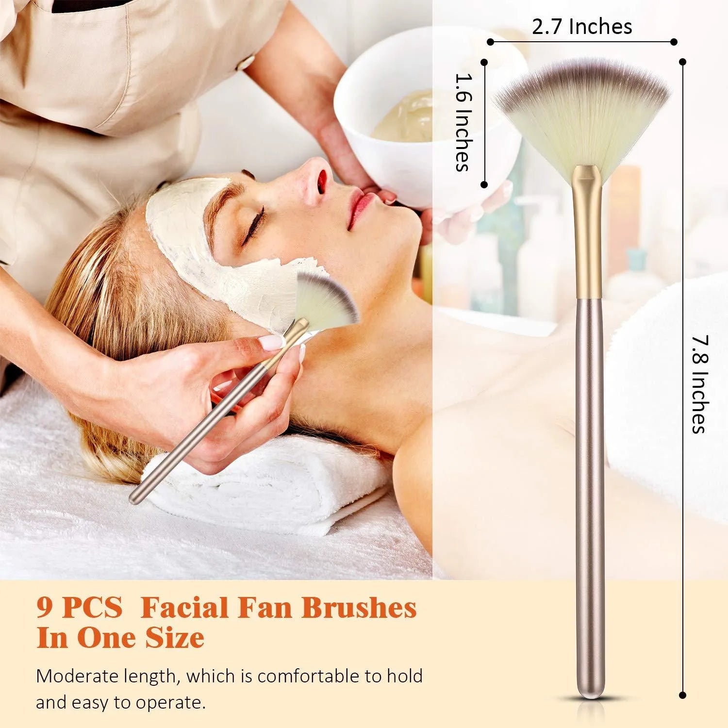 Set of 10 champagne-coloured wooden handle fan brushes with soft fibres and protective covers.