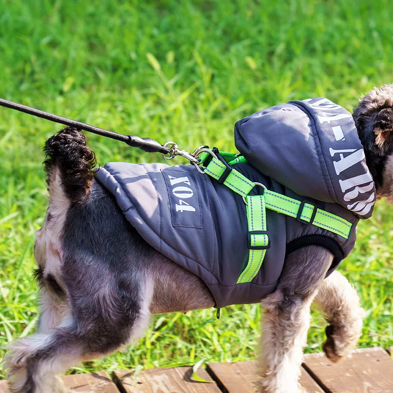 Red fleece-lined waterproof dog jacket with hood for winter wear on medium-sized dog