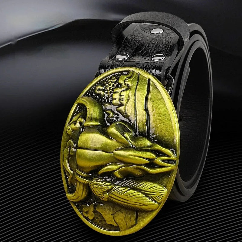 Men's brown imitation leather belt with detailed cow head alloy buckle showing electroplating and carving treatments