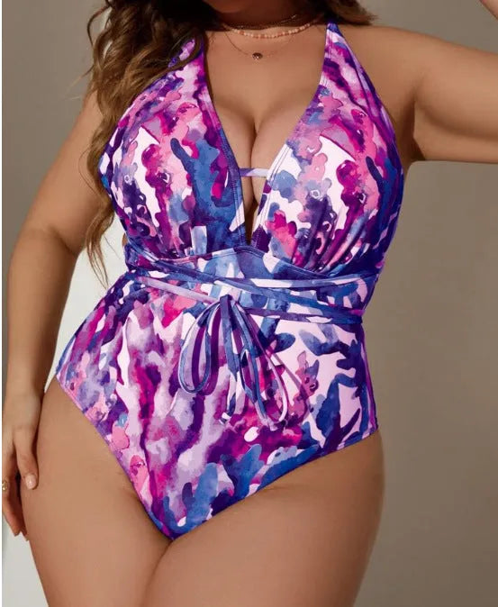Purple and blue solid colour one-piece halter swimsuit for women in European and American briefs style.
