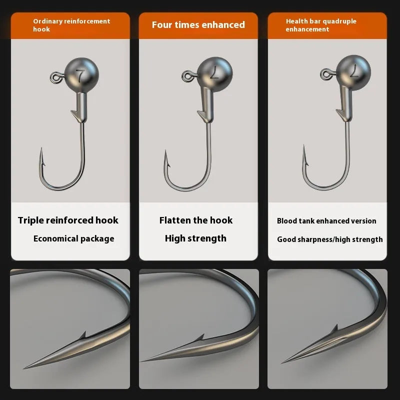 50 enhanced jig hooks with lead heads in primary colour, blood trough, and ordinary steel bar variations