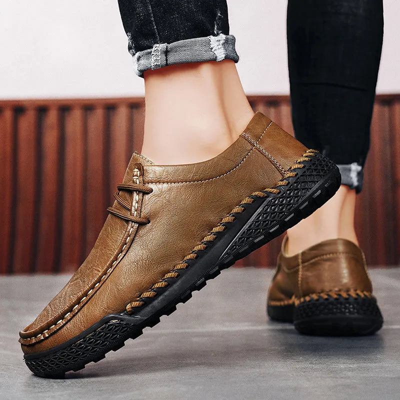 Men's genuine leather casual shoes in dark brown with front lace-up, round toe, and rubber sole