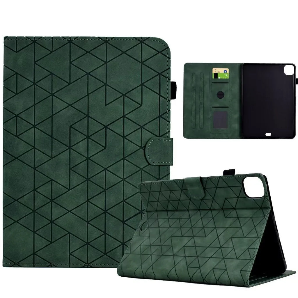 iPad Pro 11 leather folio case with integrated card holder in diamond frosted black finish, showing stand function.