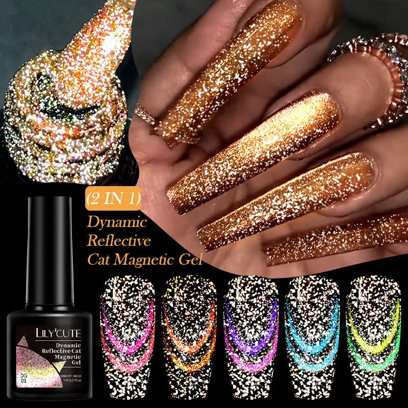 Diamond In The Debris Cat Eye Series UV Nail Polish Gel bottle showing glitter and diamond particles, with nail glue.