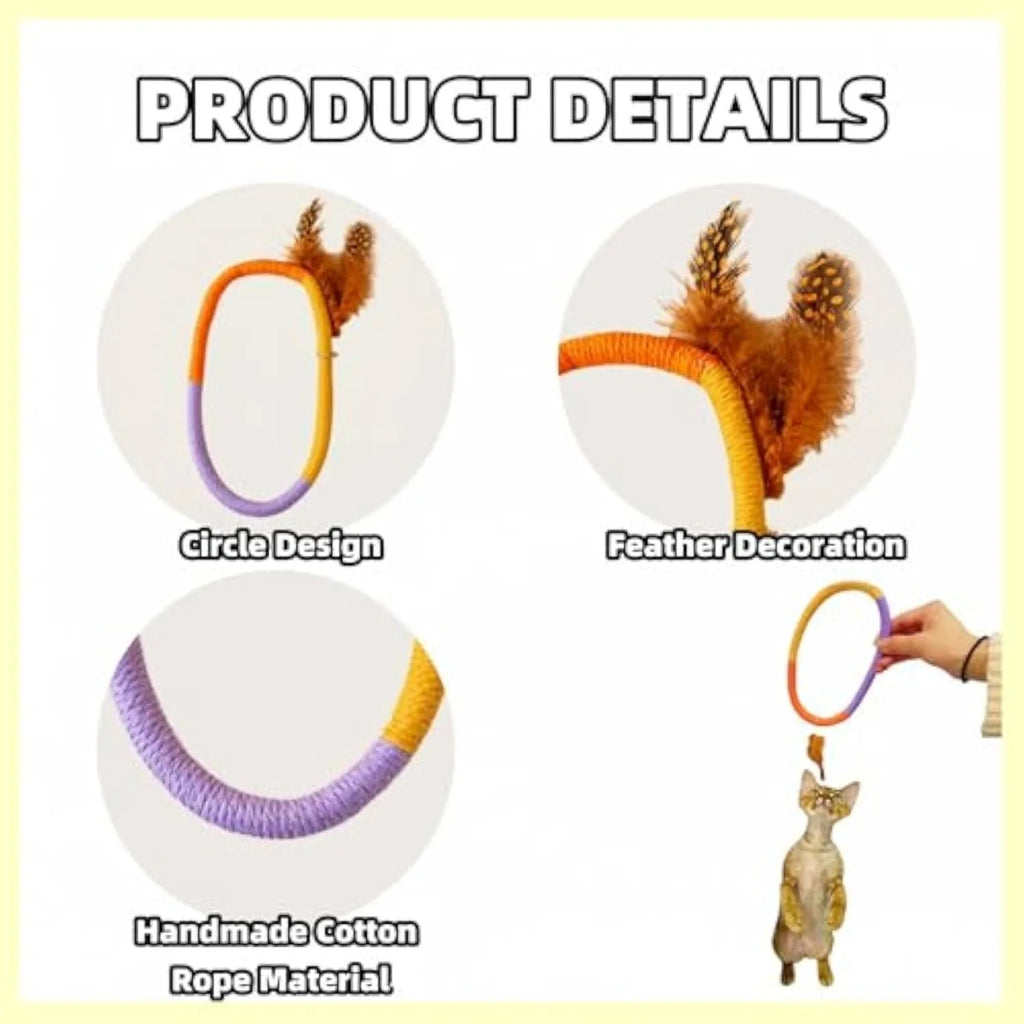Green circular cotton rope cat toy with feathers attached, measuring 25cm diameter