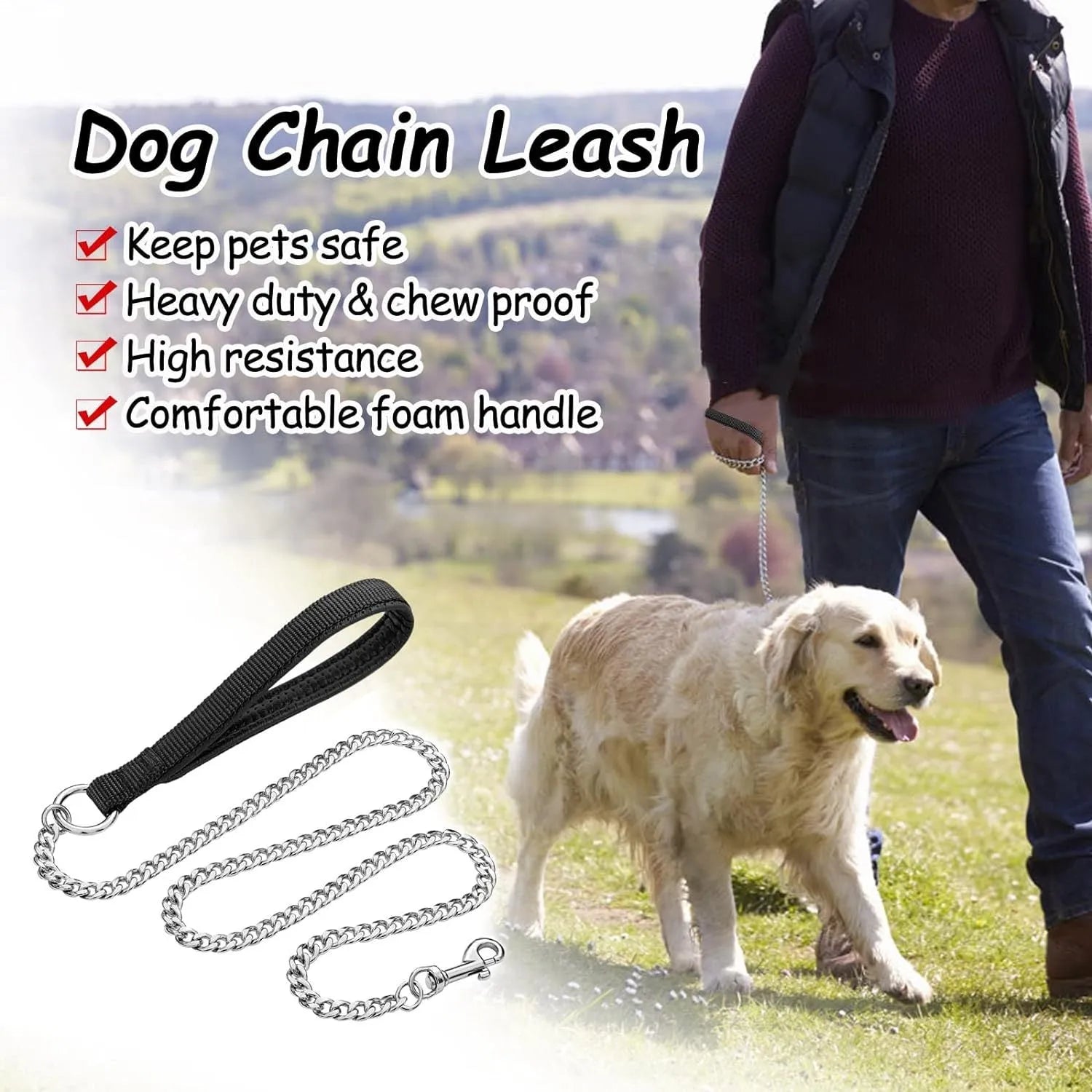 Heavy duty metal dog leash with soft padded handle in black, blue, or red colours