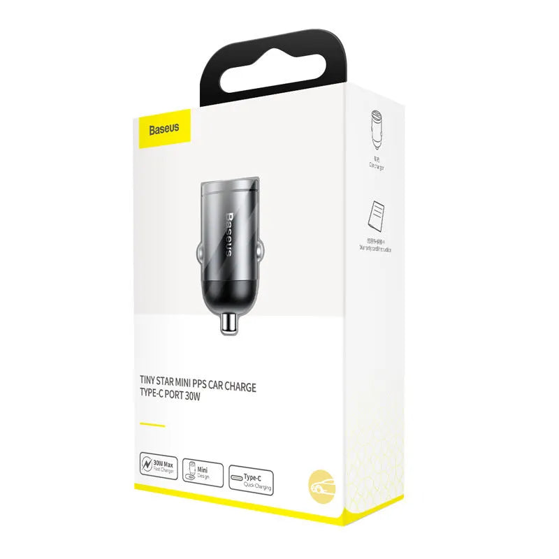 Baseus electro-optical grey single-port 30W USB car charger with 1 metre attached cable.