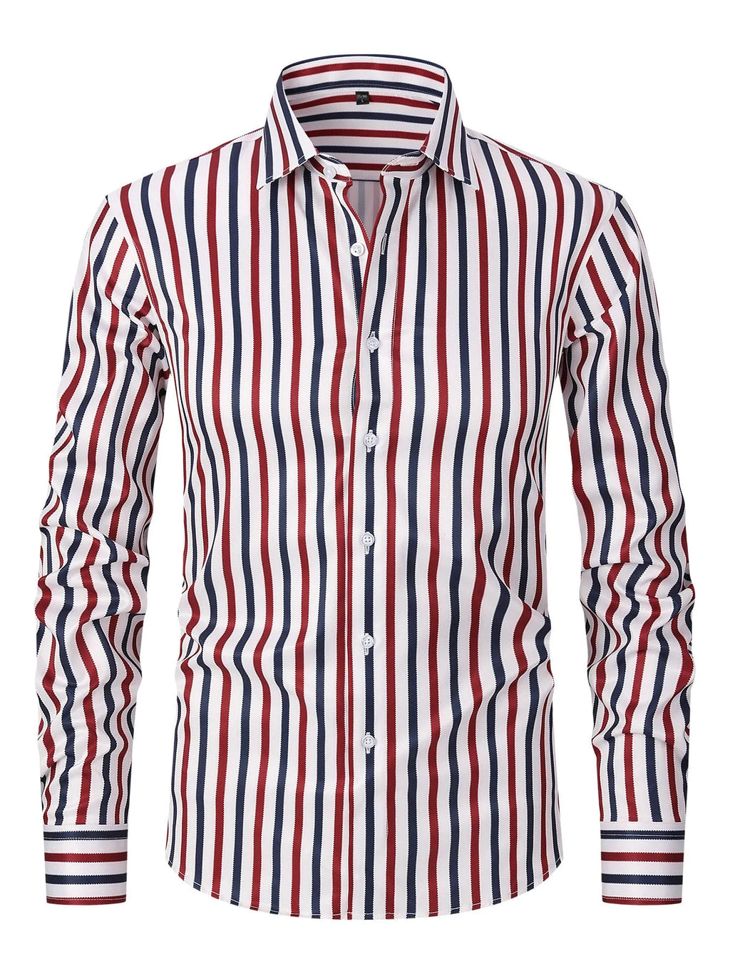 Men's striped business formal long sleeve shirt in polyester blend fabric with slim fit cardigan style