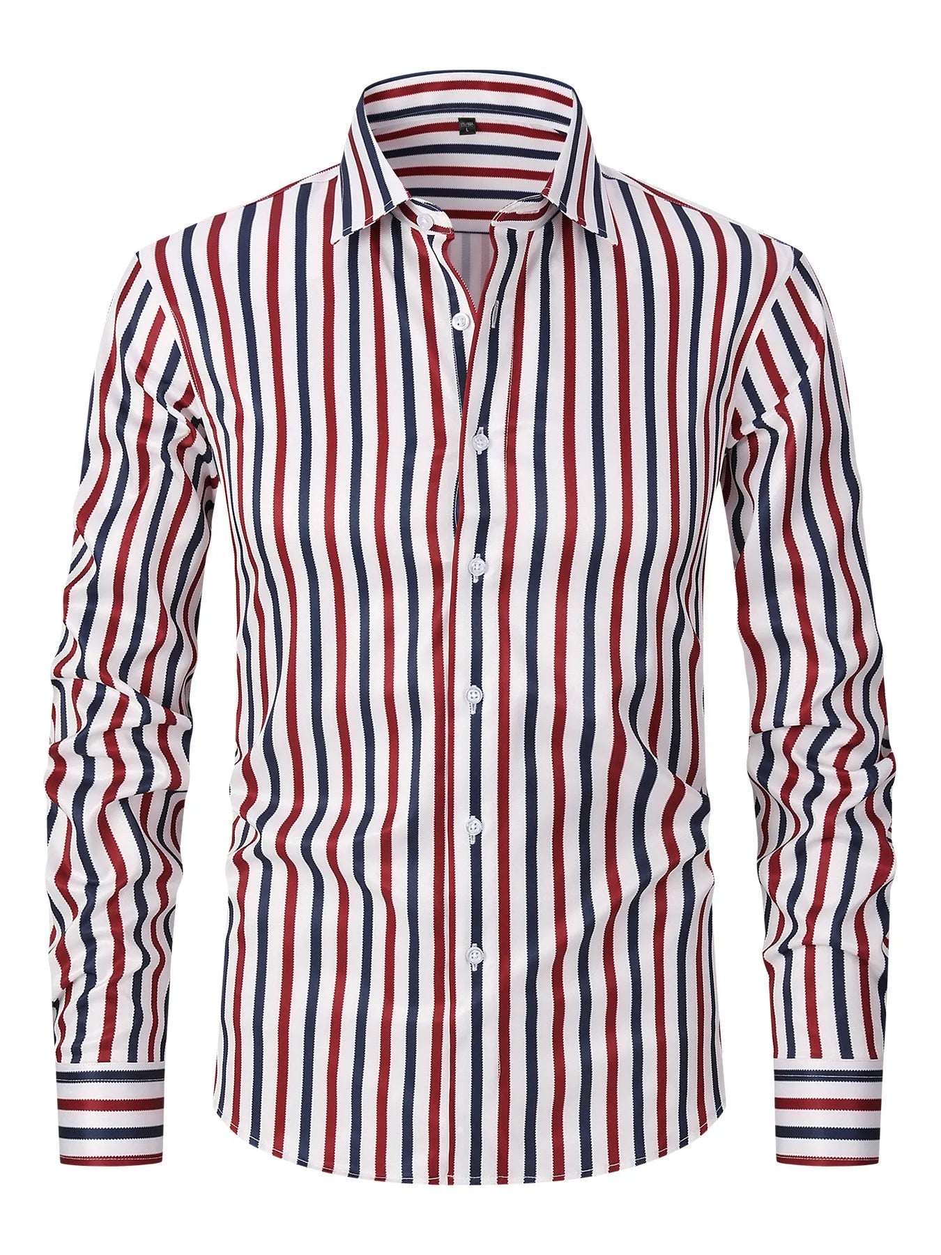 Men's striped business formal long sleeve shirt in polyester blend fabric with slim fit cardigan style