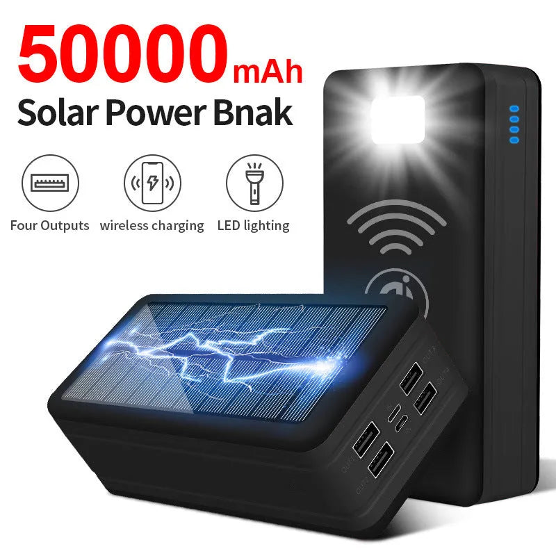 Large capacity solar wireless power bank in black with plastic shell and solar panel on front face