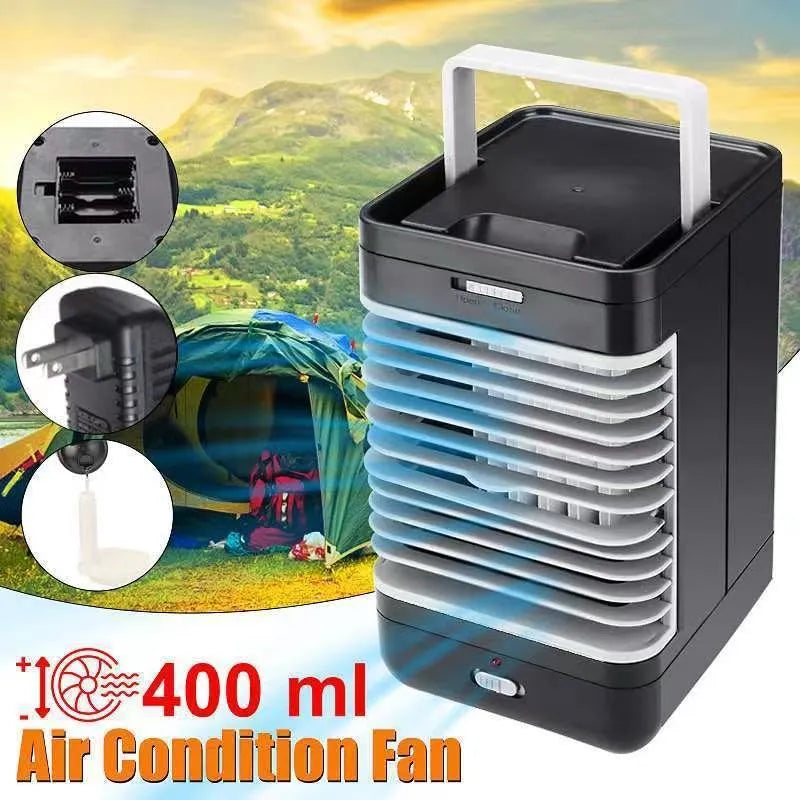 Black portable vertical USB evaporative air cooler measuring 16 by 13.5 by 28.5 cm on a desk