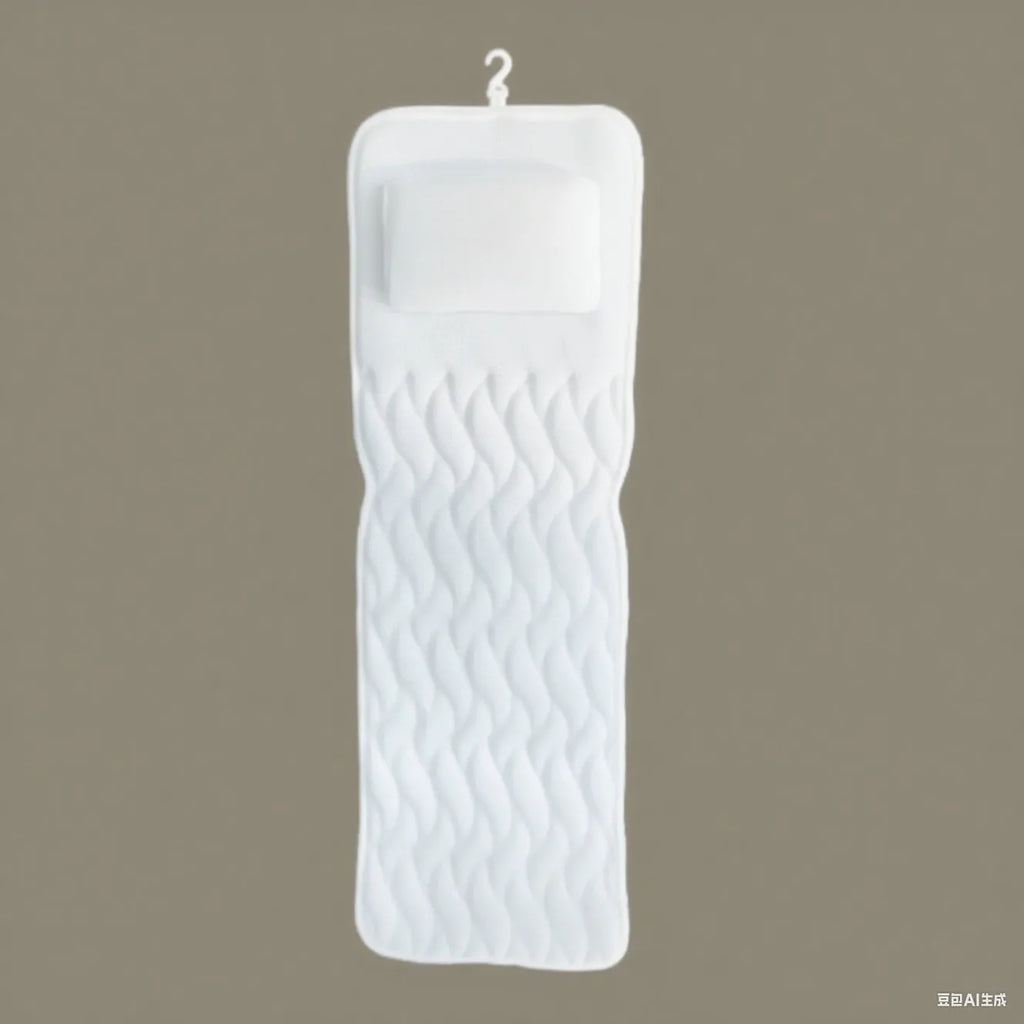 White 4D mesh bathtub pillow with suction cups on a bathtub.