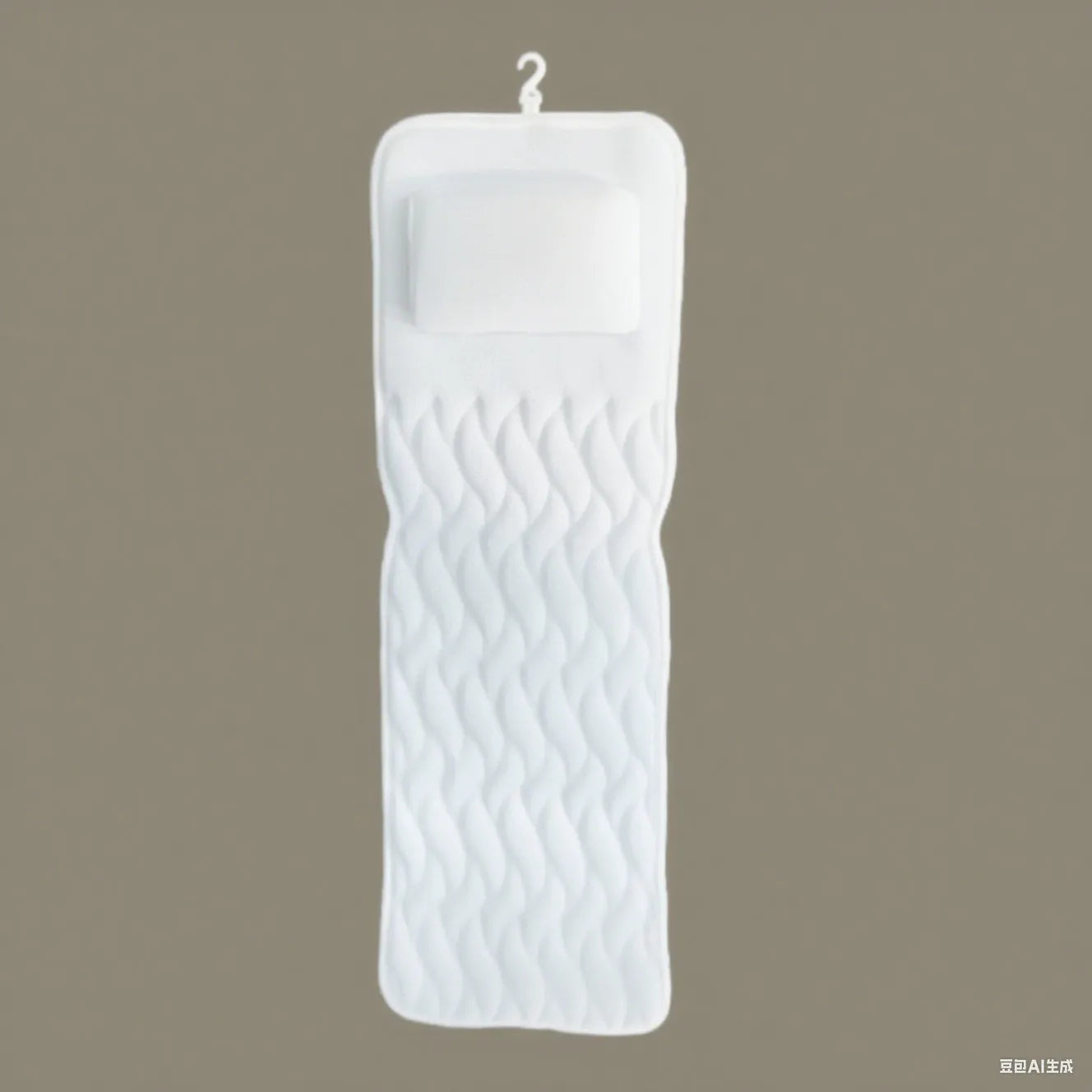 White 4D mesh bathtub pillow with suction cups on a bathtub.