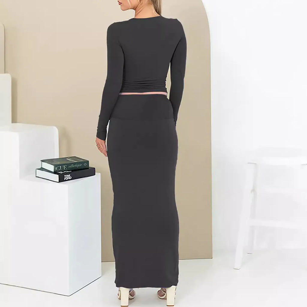 Women's autumn two-piece suit in polyester with slim fit, long skirt, and three-quarter sleeves