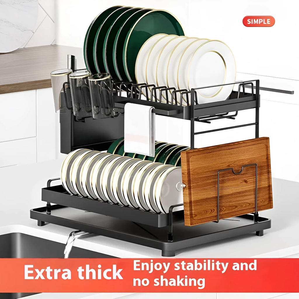 Double-layer kitchen storage rack with removable draining basket in modern design