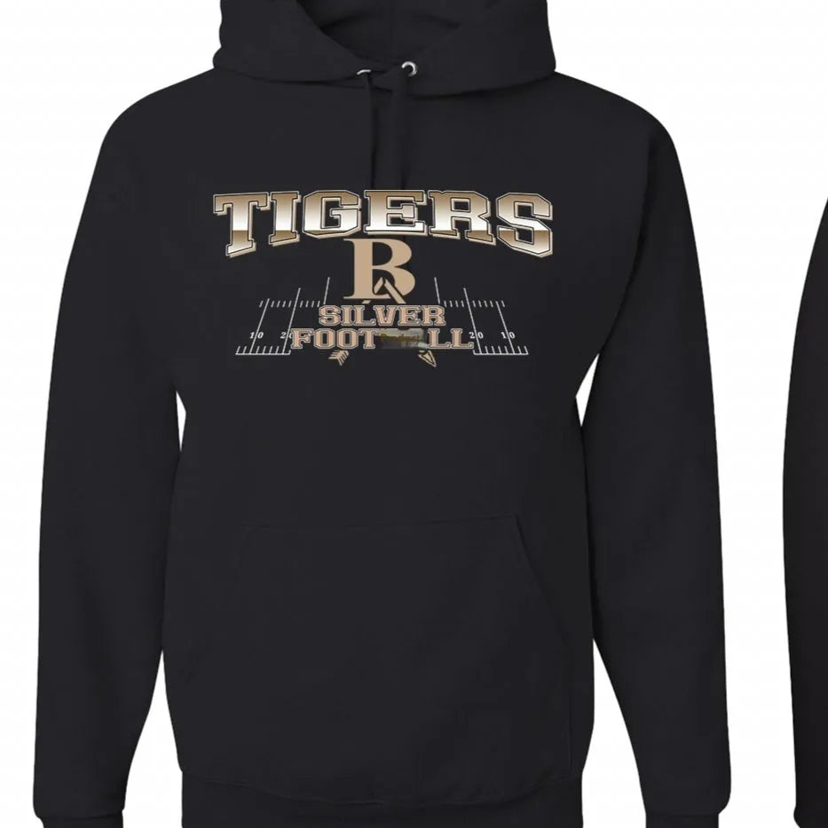 Black collarless drop-shoulder sleeve polyester hoodie on a hanger