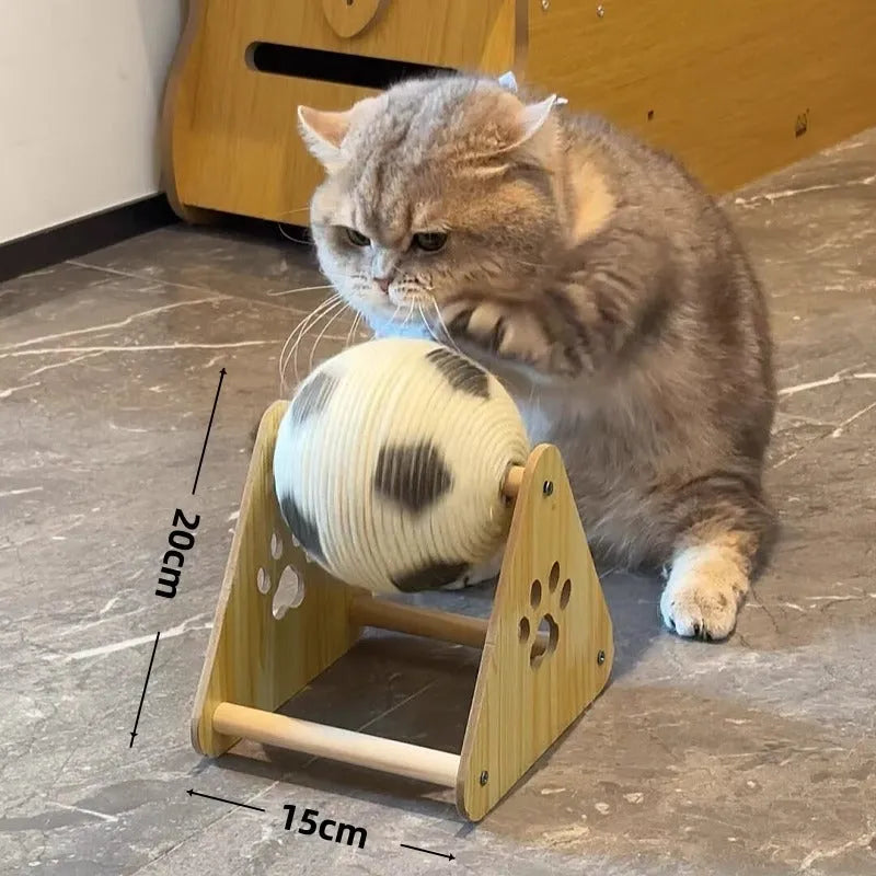 Vertical wooden grounder cat scratch board in football style with solid wood base and sisal hemp rope wrapping