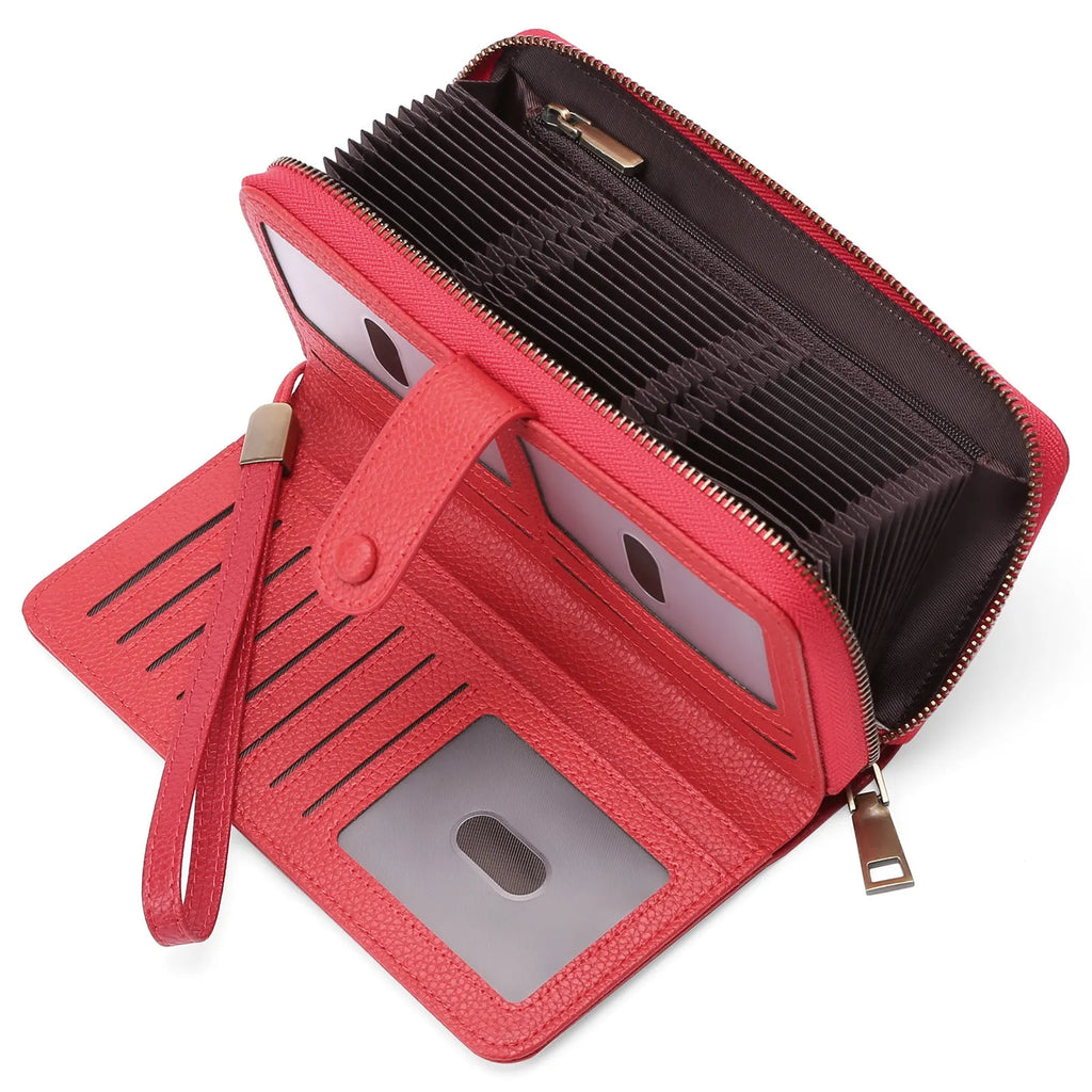 Women's expanding card holder long wallet in synthetic leather with anti-theft swiping function
