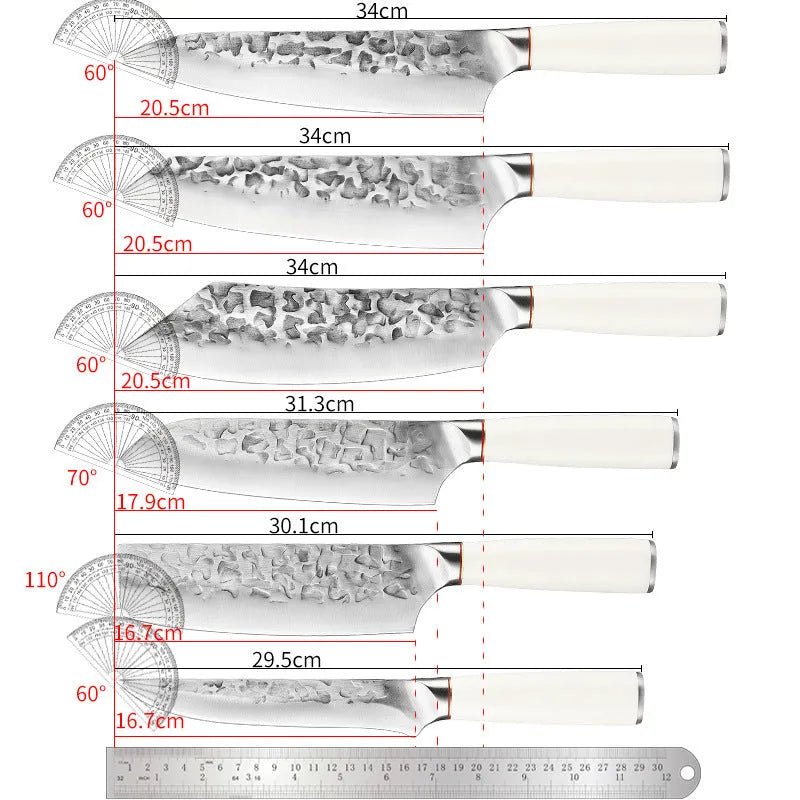 Hand forged stainless steel kitchen knives with 6 inch, 7 inch and 8 inch blades and a 7 piece set option