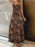 Dark brown leopard print dress with sleeveless round neck and shoulder straps