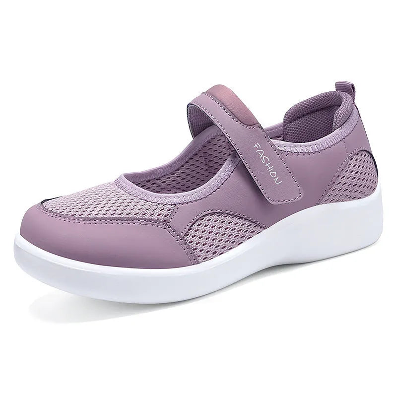 Women's breathable mesh casual shoes with Velcro closure in black, gray, pink, and red colours