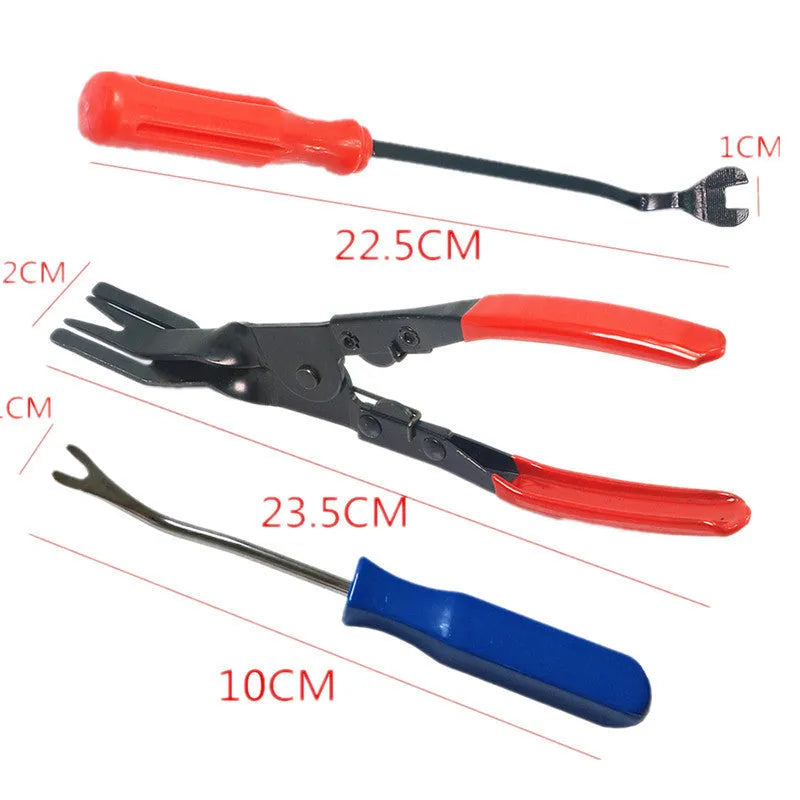 Red steel handle automotive door panel clip driver tool for General Motors vehicles