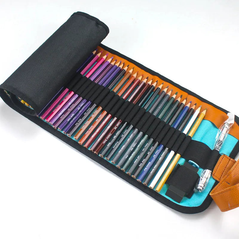 Wooden box containing 50 coloured pencils for oily painting with a separate pencil case.