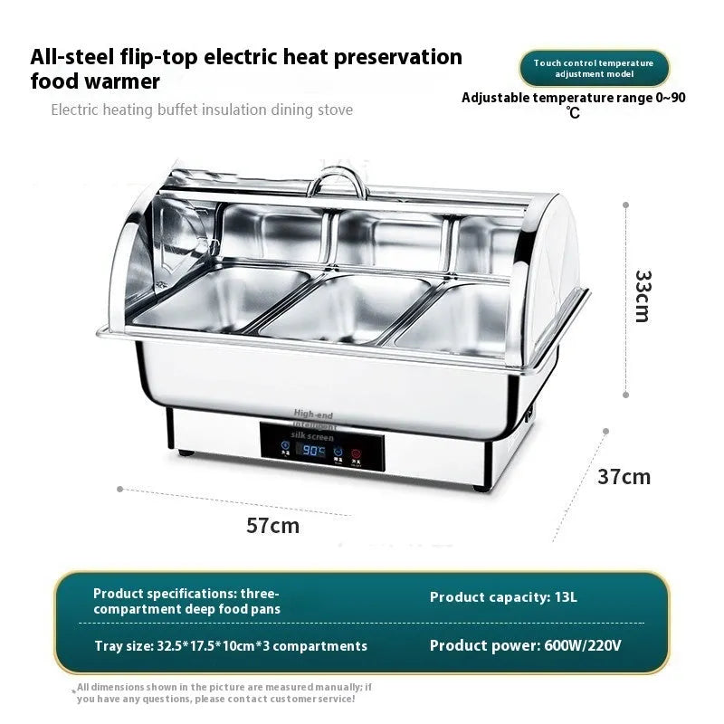 Stainless steel electric buffet stove with transparent flip lid showing food inside and LCD temperature control screen
