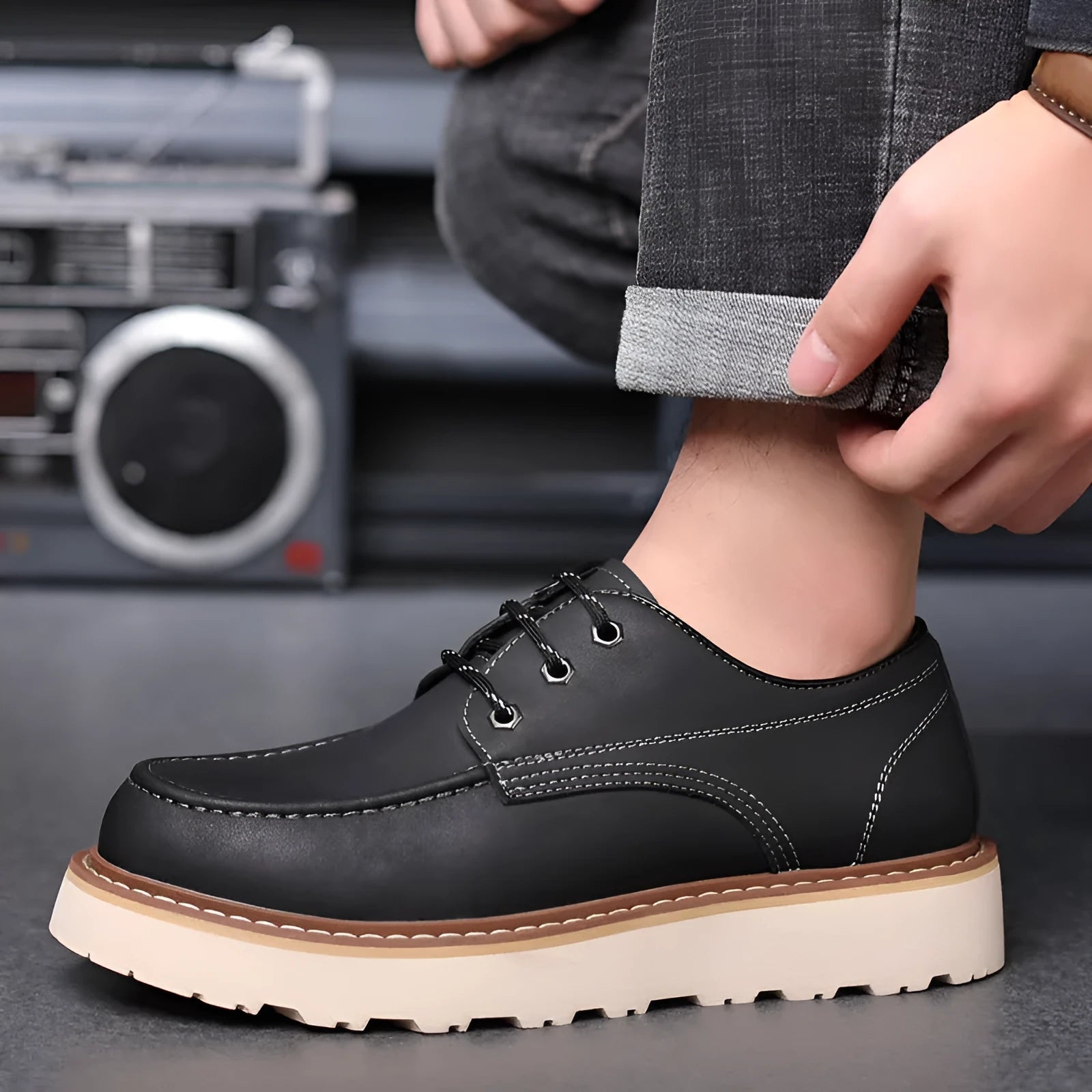 Men's black and brown Martin boots with round toe and non-slip rubber sole
