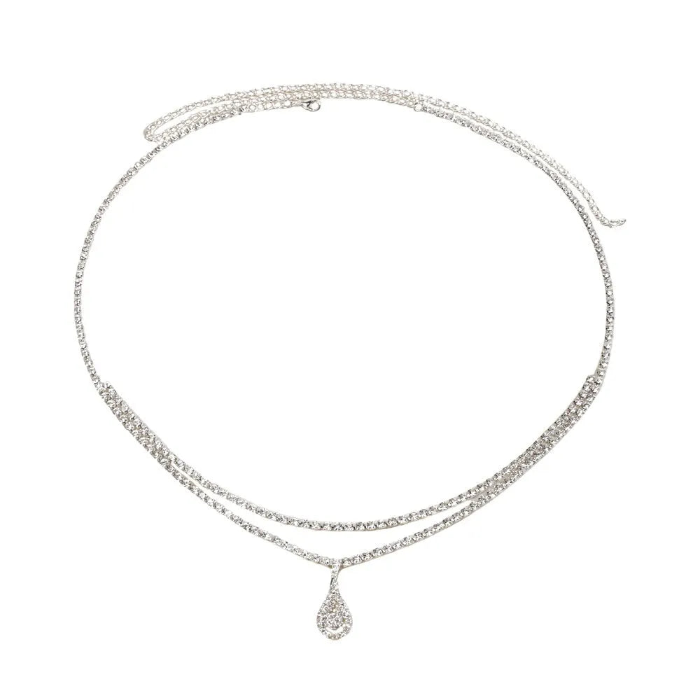 Gold or silver women's waist chain with water drop pendant and rhinestone decoration, showing lobster clasp closure.