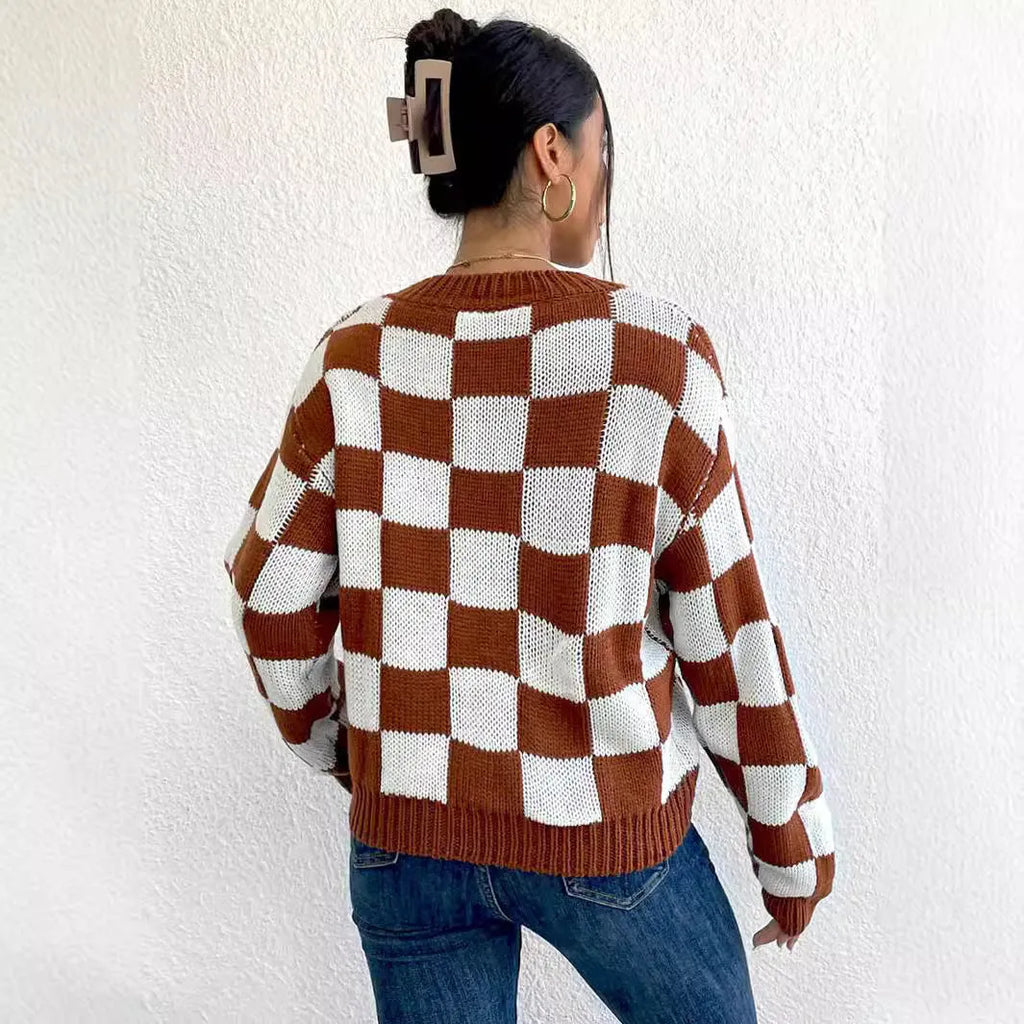 Dark brown plaid acrylic pullover sweater with loose fit and round neck