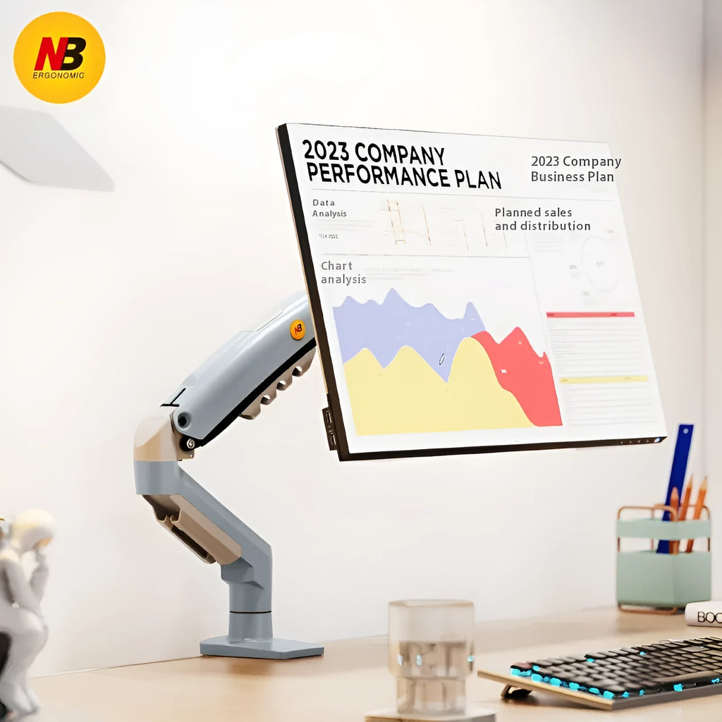 F80-XV grey computer monitor bracket robotic arm on desk with aluminium alloy construction