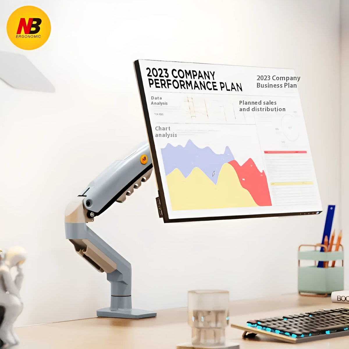 F80-XV grey computer monitor bracket robotic arm on desk with aluminium alloy construction