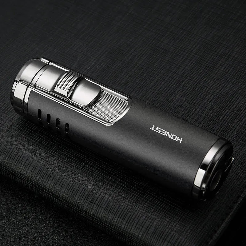 Cylindrical zinc alloy refillable cigar lighter with four-straight flame in silver colour