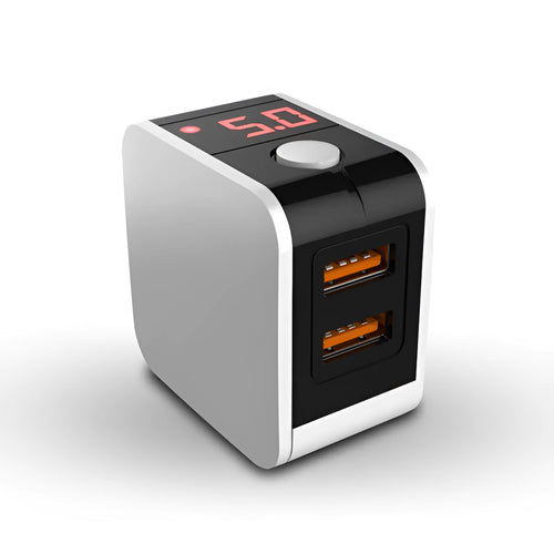5V 2.4A fast charger with digital display and dual USB ports in black, white, or red colour options