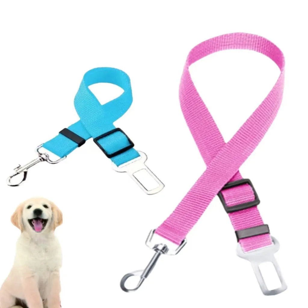 Black dog car seat belt with metal clip and adjustable polyester webbing on car seat