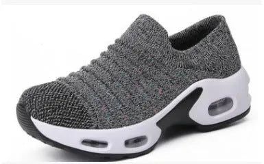 Women's stretch knitted socks shoes with mesh upper in dark blue colour showing round toe shape