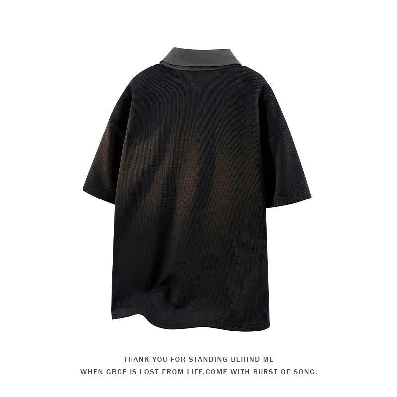 Men's thin Spandex polo sweater with a Henley collar in black and apricot colours.