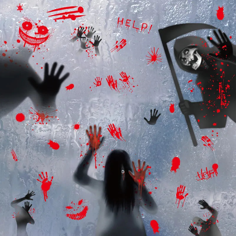 Set of six Halloween electrostatic window stickers featuring female ghost and skull motifs in American style, available in multiple colour combinations