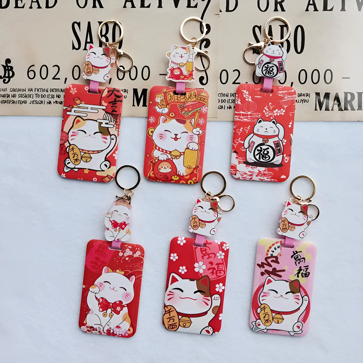 Lucky Cat cartoon-themed plastic card sleeve with a decorative ferrule pendant.